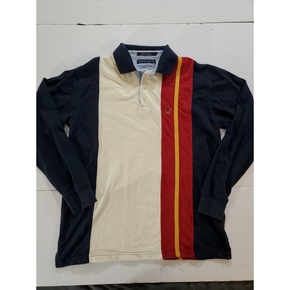 Vtg 90s Tommy‎ Hilfiger Long Sleeve Rugby Polo Shirt Men's Lg Colorblock Striped